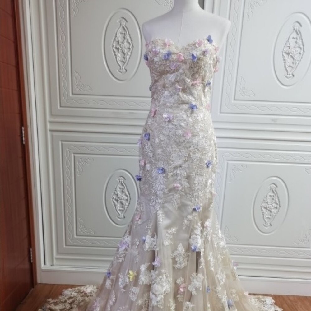 Darius Cordell - strapless 3D lace fit-to-flare wedding gown